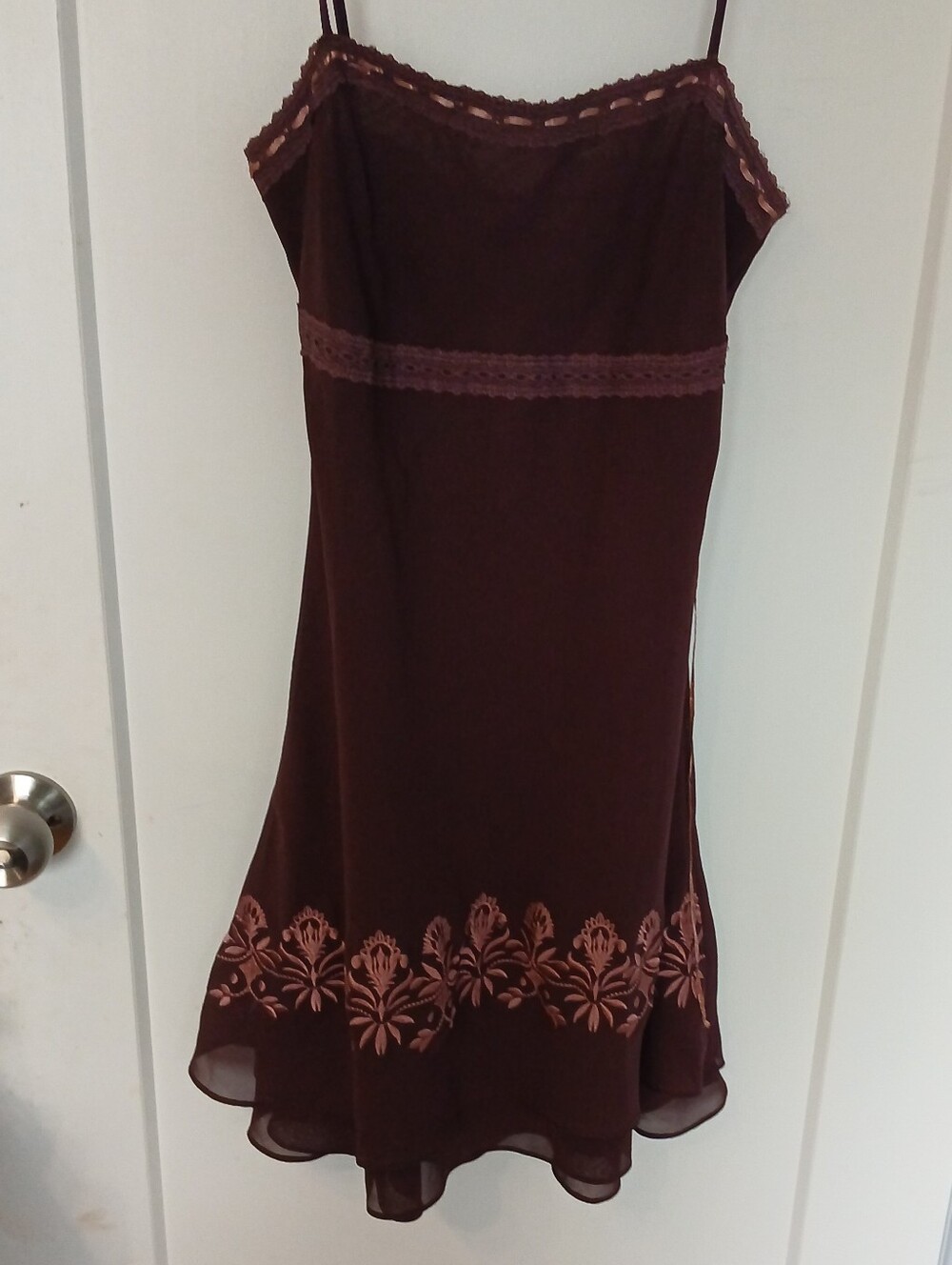 Vintage Slip Dress with Embroidered Hem in Deep Brown